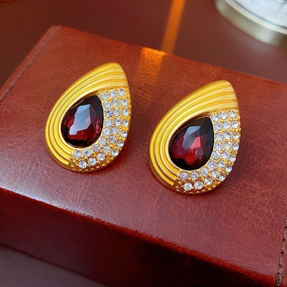 Gold Tone Wavy Teardrop Earrings Burgundy Rhinestone Stud Earrings Classic